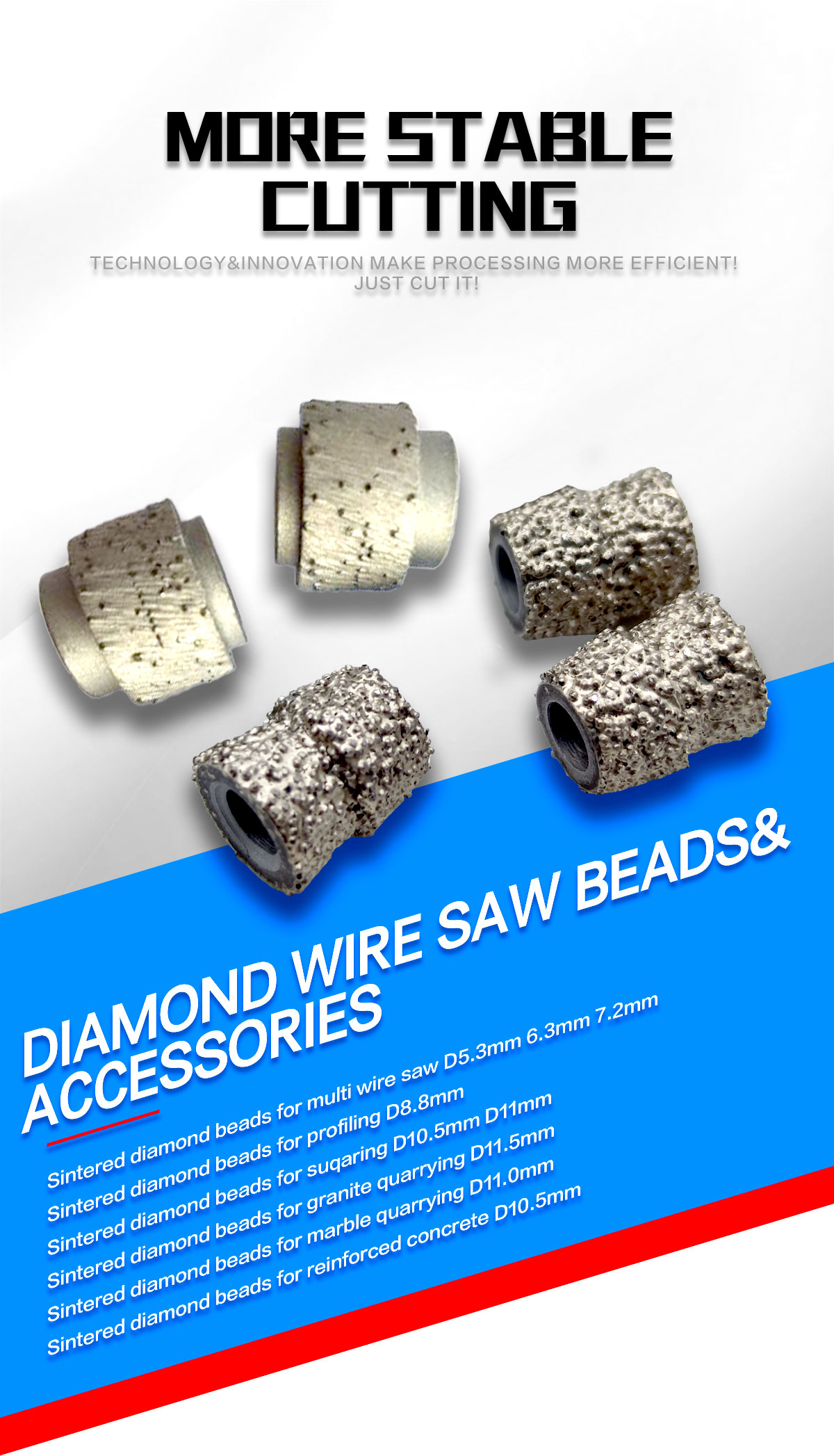 Diamond wire saw beads for stone processing